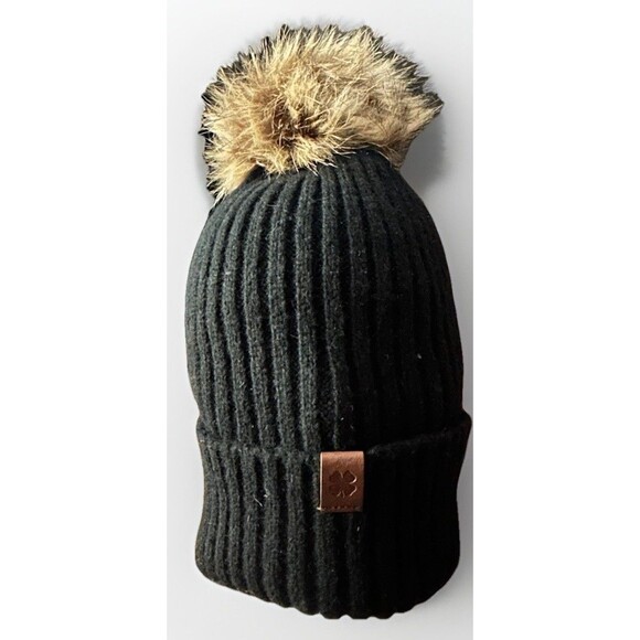 Lucky Brand Accessories - Lucky Brand Winter Faux Fur Pom Pom Hat Brown Rib Knit